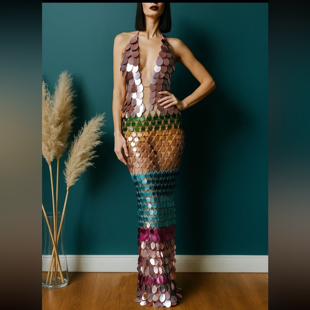 Multicolor Sequin Hand Crocheted Halter Dress